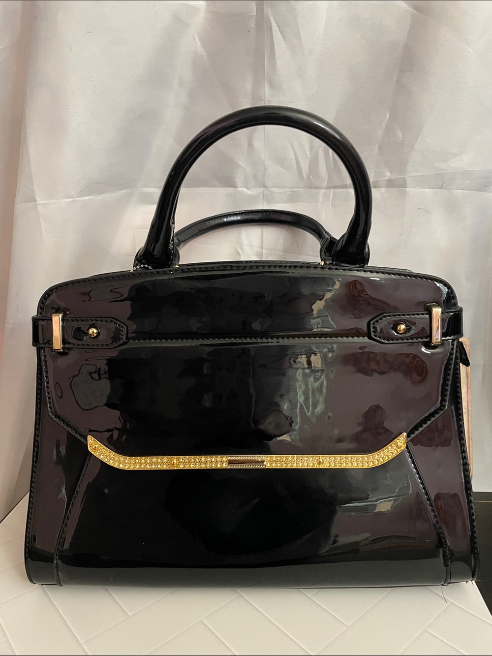 Structured Black Patent Satchel with Gold Accent